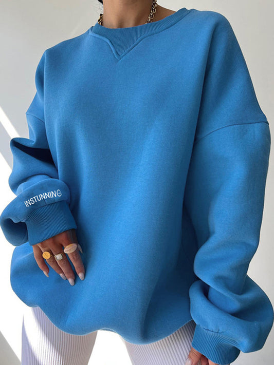Sweatshirts- Solid Cozy Sporty Loose Long Sleeve Sweatshirt- Blue- Pekosa Women Clothing