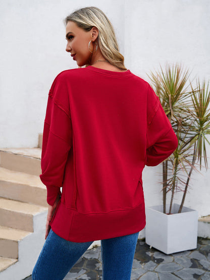 Sweatshirts- Solid Crewneck Pullover | Sport Patchwork Sweatshirt- - Pekosa Women Clothing