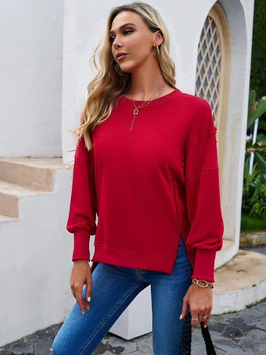 Sweatshirts- Solid Crewneck Pullover | Sport Patchwork Sweatshirt- Red- Pekosa Women Clothing