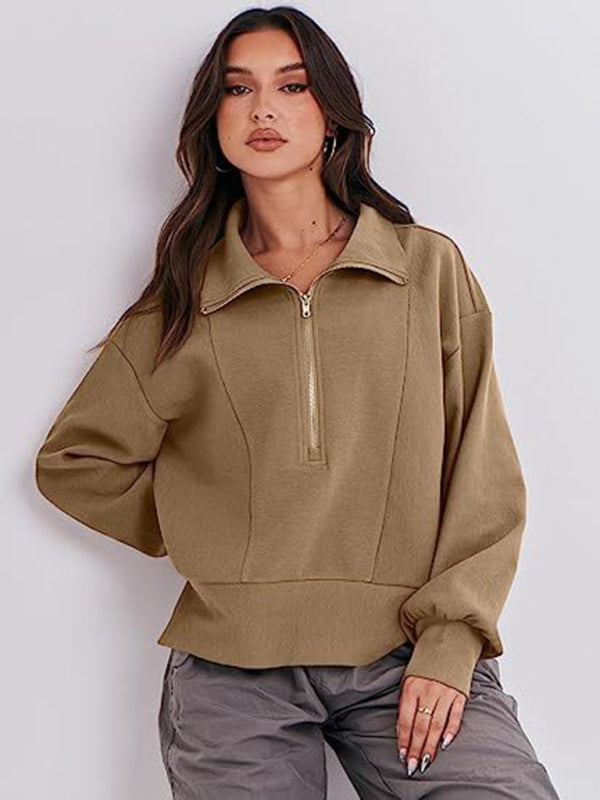 Sweatshirts- Solid Half Zip-Up Funnel Neck Drop Shoulder Sweatshirt- Khaki- Pekosa Women Clothing