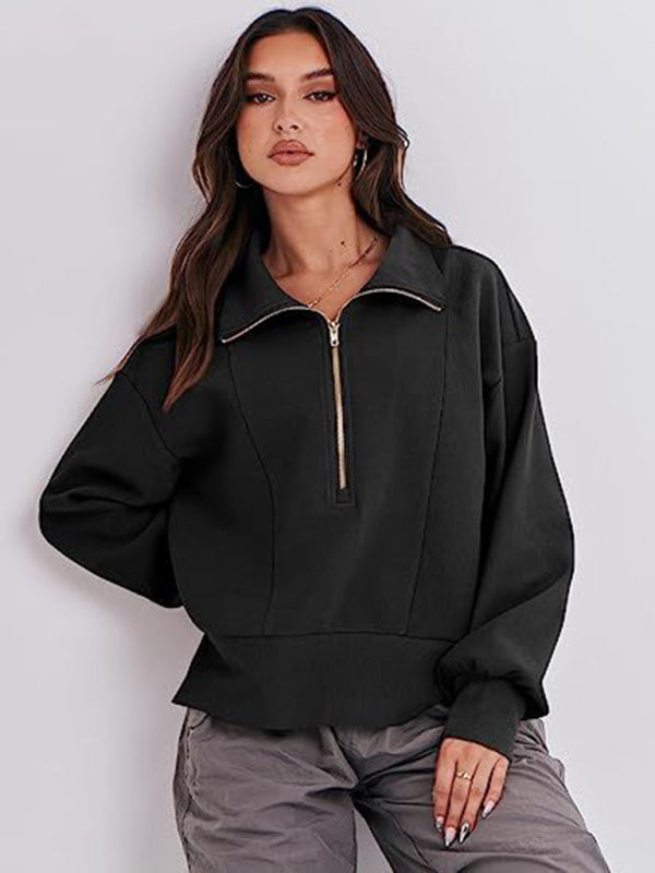 Sweatshirts- Solid Half Zip-Up Funnel Neck Drop Shoulder Sweatshirt- Black- Pekosa Women Clothing