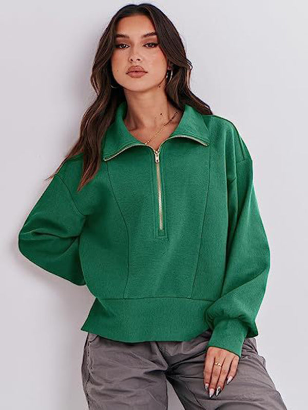 Sweatshirts- Solid Half Zip-Up Funnel Neck Drop Shoulder Sweatshirt- - Pekosa Women Clothing