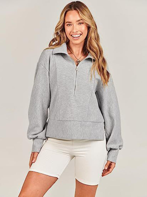 Sweatshirts- Solid Half Zip-Up Funnel Neck Drop Shoulder Sweatshirt- Grey- Pekosa Women Clothing