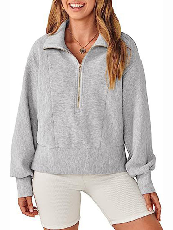 Sweatshirts- Solid Half Zip-Up Funnel Neck Drop Shoulder Sweatshirt- - Pekosa Women Clothing