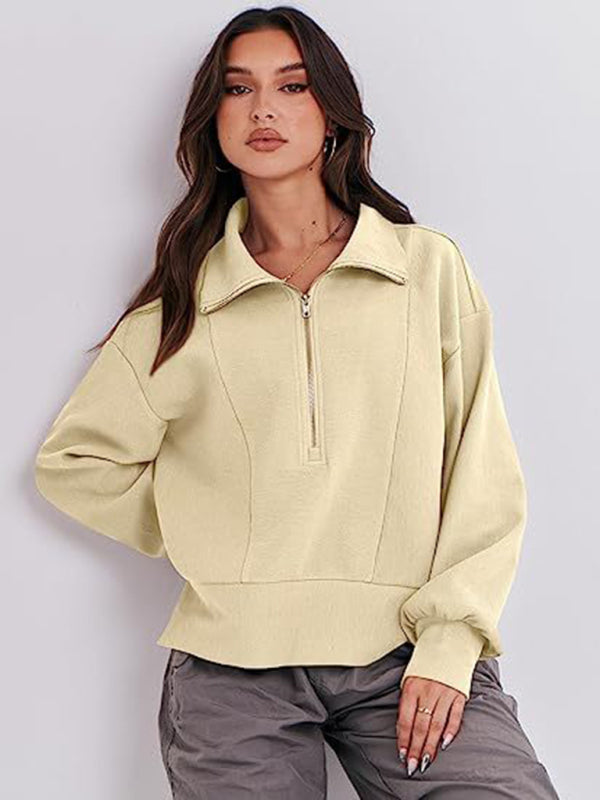 Sweatshirts- Solid Half Zip-Up Funnel Neck Drop Shoulder Sweatshirt- Cracker khaki- Pekosa Women Clothing