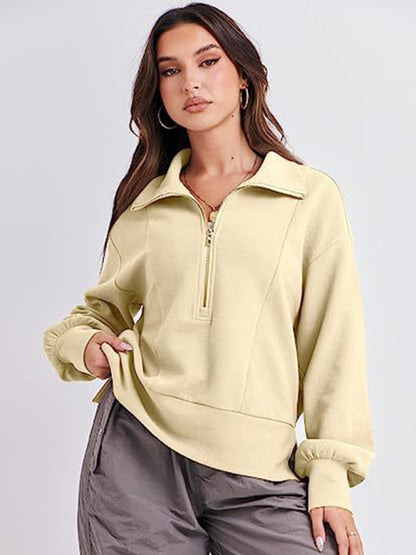 Sweatshirts- Solid Half Zip-Up Funnel Neck Drop Shoulder Sweatshirt- - Pekosa Women Clothing