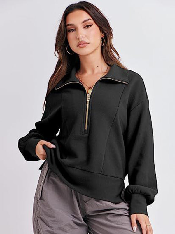 Sweatshirts- Solid Half Zip-Up Funnel Neck Drop Shoulder Sweatshirt- - Pekosa Women Clothing