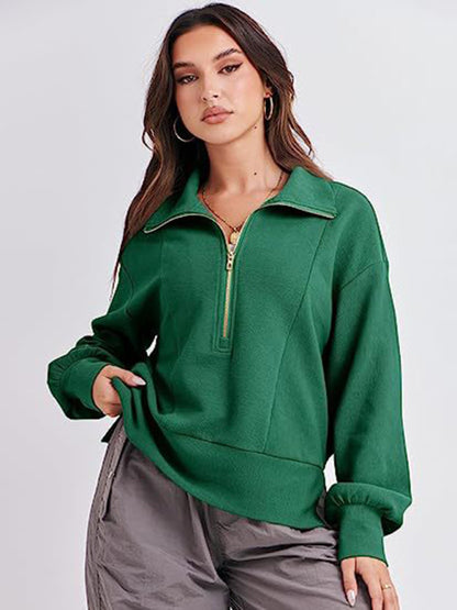 Sweatshirts- Solid Half Zip-Up Funnel Neck Drop Shoulder Sweatshirt- Green- Pekosa Women Clothing