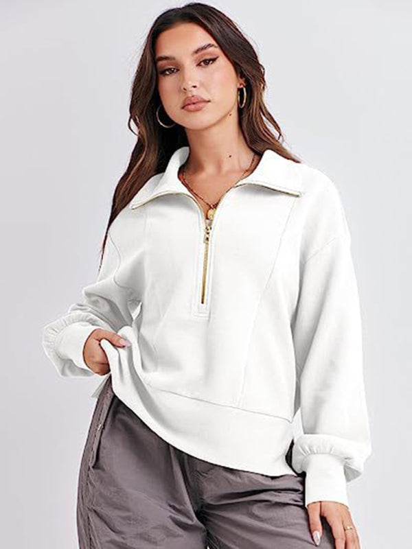 Sweatshirts- Solid Half Zip-Up Funnel Neck Drop Shoulder Sweatshirt- - Pekosa Women Clothing