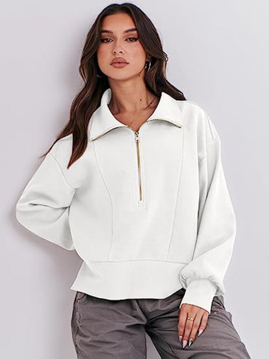 Sweatshirts- Solid Half Zip-Up Funnel Neck Drop Shoulder Sweatshirt- White- Pekosa Women Clothing