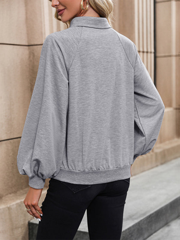 Sweatshirts- Solid Lantern Sleeve Kangaroo Pocket Shirt Sweatshirt- - Pekosa Women Clothing