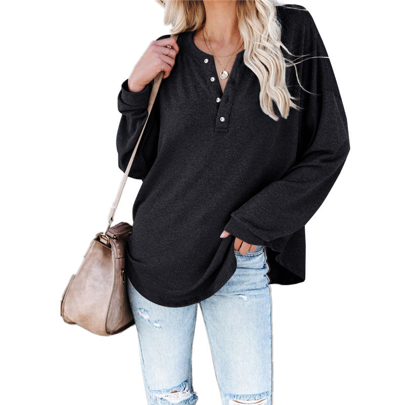 Sweatshirts- Solid Oversized Drop Shoulder Crew Neck Sweatshirt Pullover with Sporty Half-Button- Black- Pekosa Women Clothing