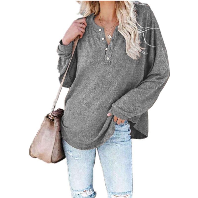 Sweatshirts- Solid Oversized Drop Shoulder Crew Neck Sweatshirt Pullover with Sporty Half-Button- Grey- Pekosa Women Clothing