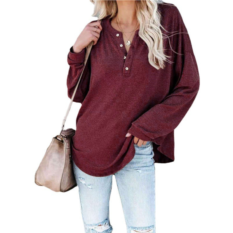 Sweatshirts- Solid Oversized Drop Shoulder Crew Neck Sweatshirt Pullover with Sporty Half-Button- Wine Red- Pekosa Women Clothing