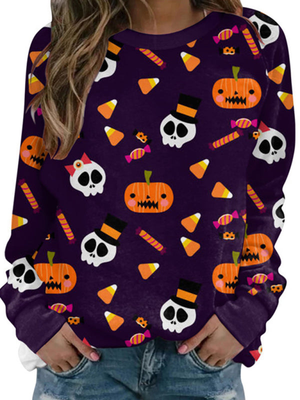 Sweatshirts- Spooky Halloween Black Cat Face Pumpkin Sweatshirt- Suit 9- Pekosa Women Clothing