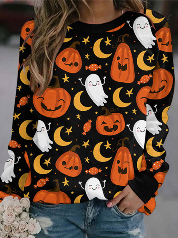 Sweatshirts- Spooky Halloween Black Cat Face Pumpkin Sweatshirt- Suit 10- Pekosa Women Clothing