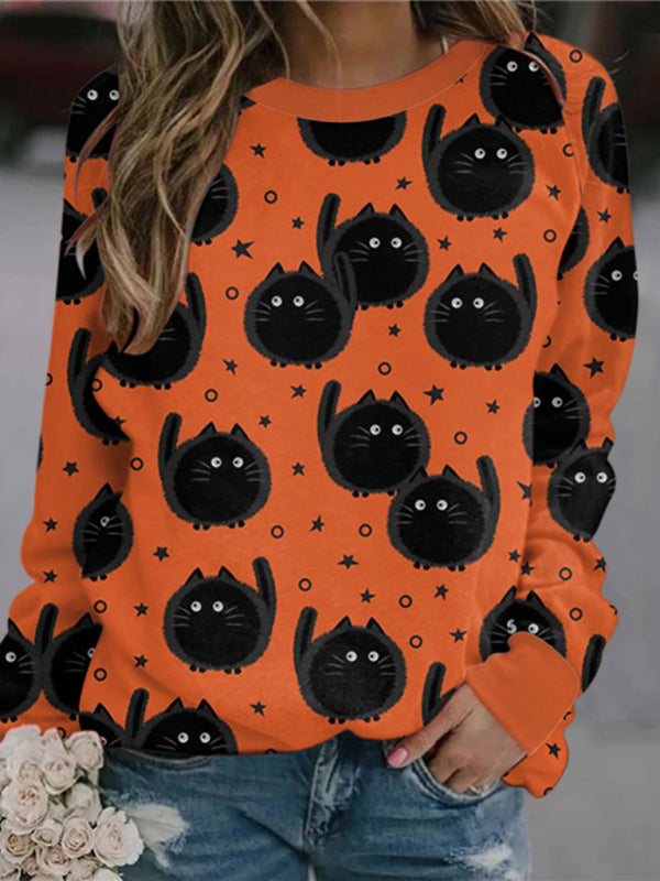 Sweatshirts- Spooky Halloween Black Cat Face Pumpkin Sweatshirt- Suit 7- Pekosa Women Clothing