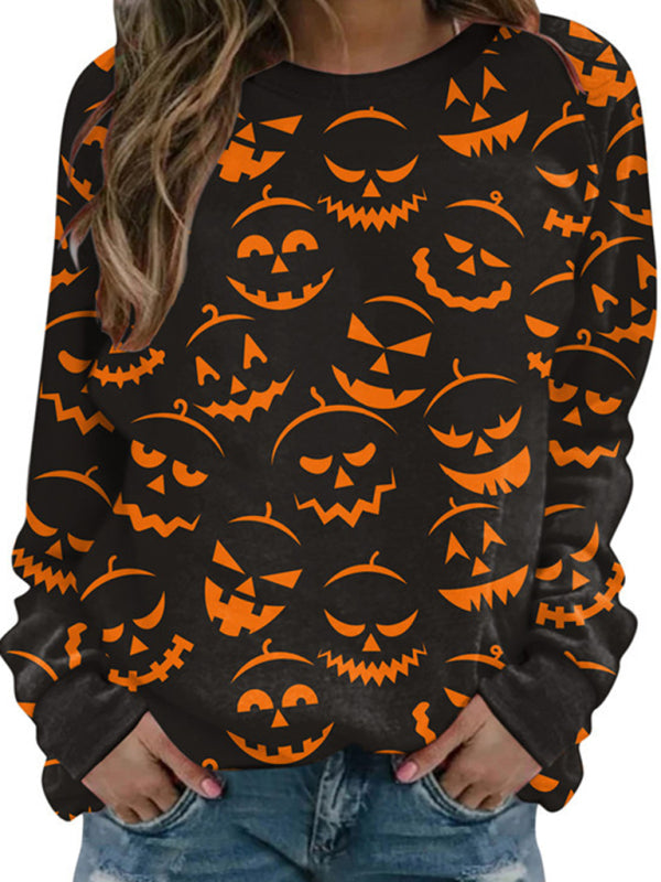 Sweatshirts- Spooky Halloween Black Cat Face Pumpkin Sweatshirt- Pattern3- Pekosa Women Clothing