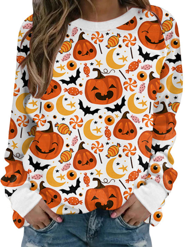 Sweatshirts- Spooky Halloween Black Cat Face Pumpkin Sweatshirt- Pattern1- Pekosa Women Clothing