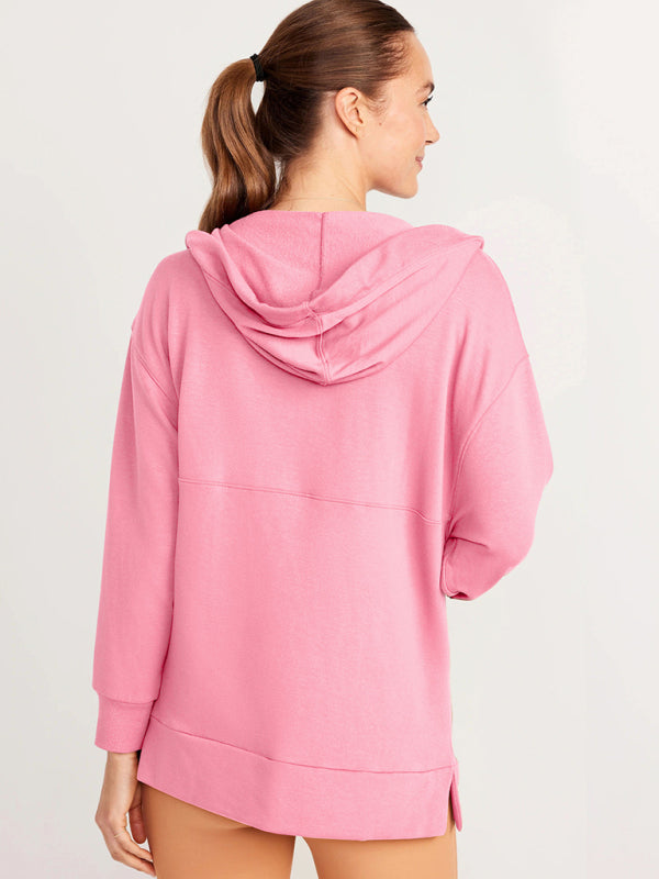 Sweatshirts- Sport Adjustable Hooded Sweatshirt with Kangaroo Pocket- - Pekosa Women Clothing