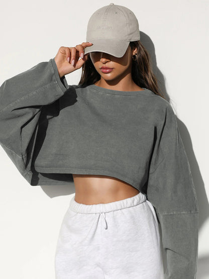 Sweatshirts- Sport Casual Oversized Crop Sweatshirt- - Pekosa Women Clothing