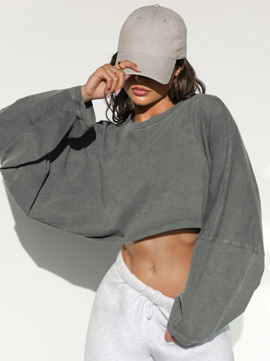 Sweatshirts- Sport Casual Oversized Crop Sweatshirt- Grey- Pekosa Women Clothing