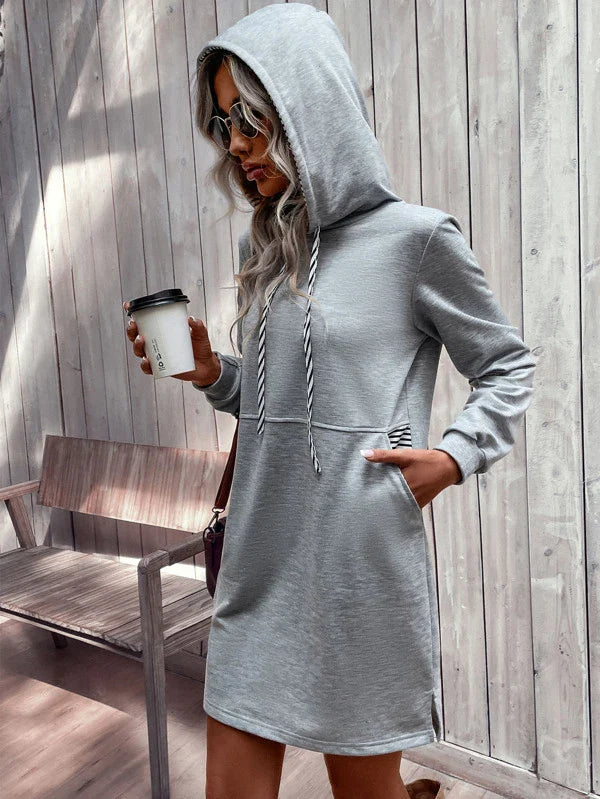 Sweatshirts- Sporty Hooded Sweatshirt Dress with Stripe Accents, Kangaroo Pockets- - Pekosa Women Clothing