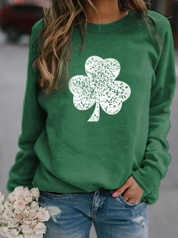 Sweatshirts- St. Paddy's Day Clover Print Sweatshirt - St. Patrick's Pullover- Green- Pekosa Women Clothing