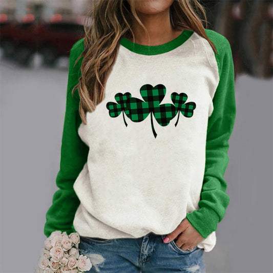 Sweatshirts- St. Patrick's Day Sweatshirt with Lucky Clover Print- Green- Pekosa Women Clothing