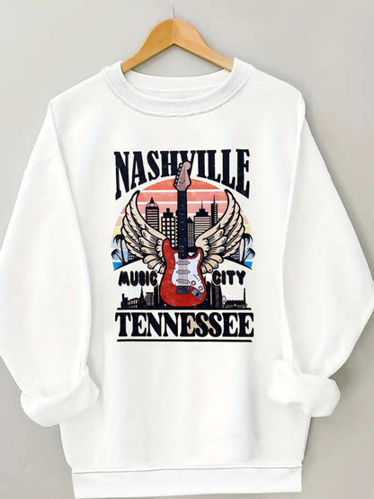 Sweatshirts- Tennessee Logo Print Sweatshirt | Crew Neck Pullover- White- Pekosa Women Clothing