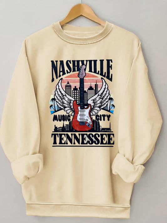 Sweatshirts- Tennessee Logo Print Sweatshirt | Crew Neck Pullover- Cracker khaki- Pekosa Women Clothing