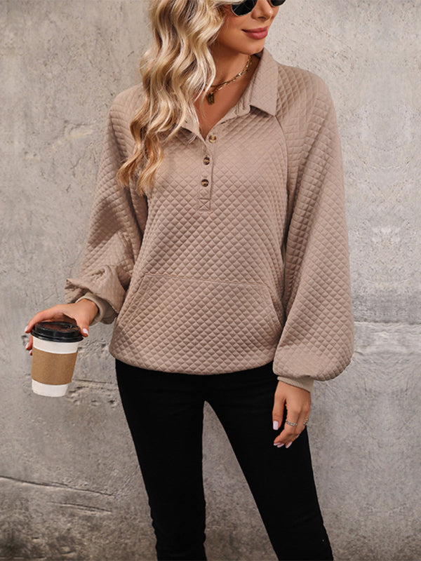 Sweatshirts- Waffle Cozy Autumn Collared Sweatshirt- - Pekosa Women Clothing