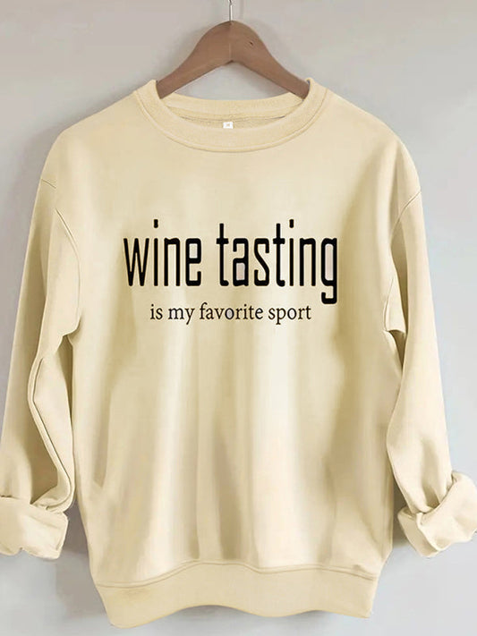 Sweatshirts- Wine Tasting Print Sweatshirt - Women's Favorite Sport Pullover- Cracker khaki- Pekosa Women Fashion