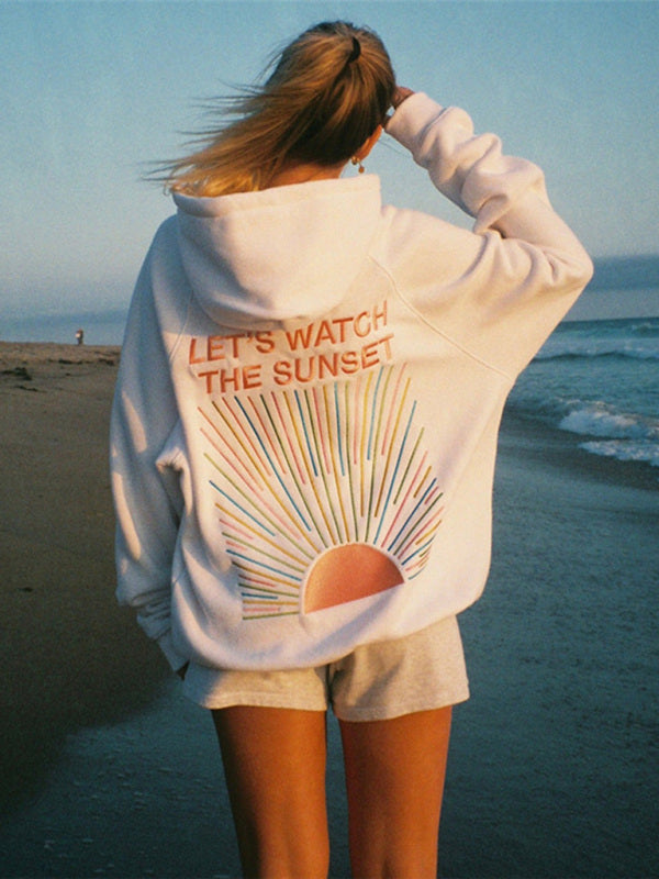 Sweatshirts- Women's Cozy Oversized Hoodie with Kangaroo Pocket - Sunset Print Sweatshirt- - Pekosa Women Fashion