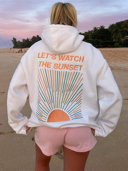 Sweatshirts- Women's Cozy Oversized Hoodie with Kangaroo Pocket - Sunset Print Sweatshirt- - Pekosa Women Fashion