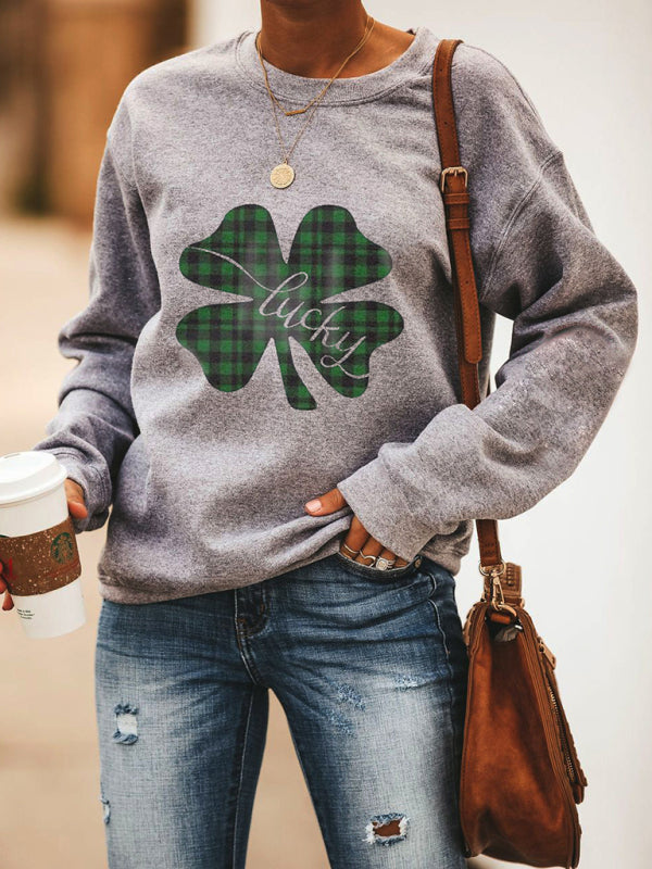 Sweatshirts- Women's St. Patrick's Day Lucky Print Sweatshirt- Charcoal grey- Pekosa Women Clothing