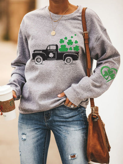 Sweatshirts- Women's St. Patrick's Day Lucky Print Sweatshirt- Neutral grey- Pekosa Women Clothing