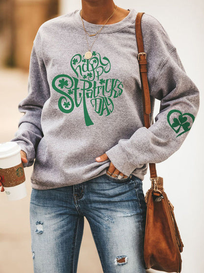 Sweatshirts- Women's St. Patrick's Day Lucky Print Sweatshirt- Grey- Pekosa Women Clothing