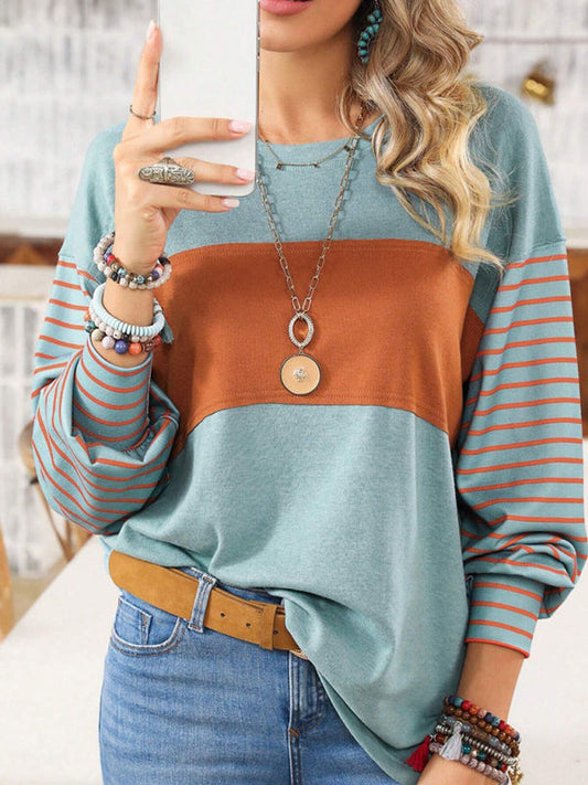 Sweatshrits- Stripe Pullover | Sport Color Block Long Sleeve Top- Green- Pekosa Women Clothing