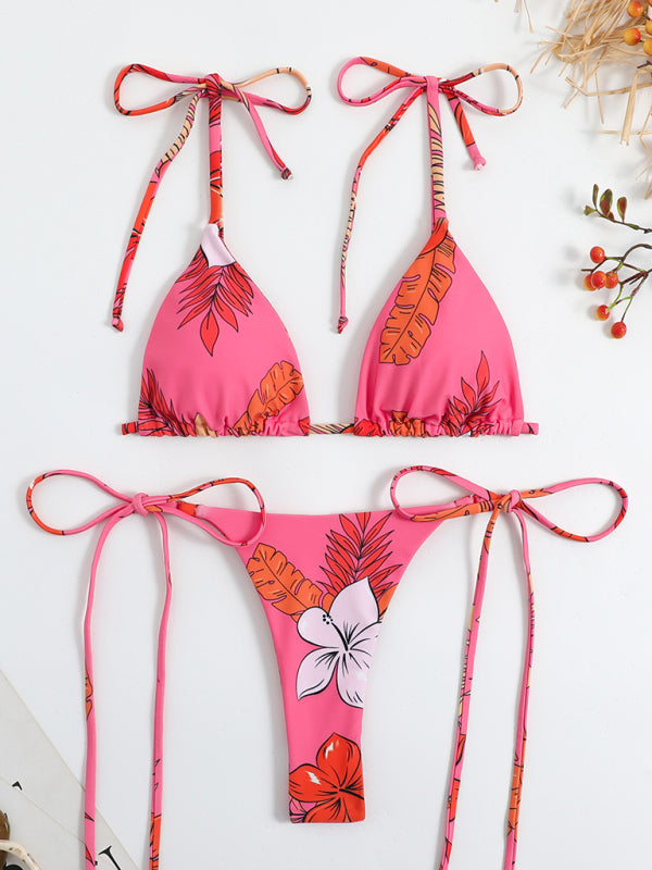 Swimsuits- Floral 2-Piece Bikini Set with Wireless Triangle Bra & Brazilian Thong- - Pekosa Women Clothing