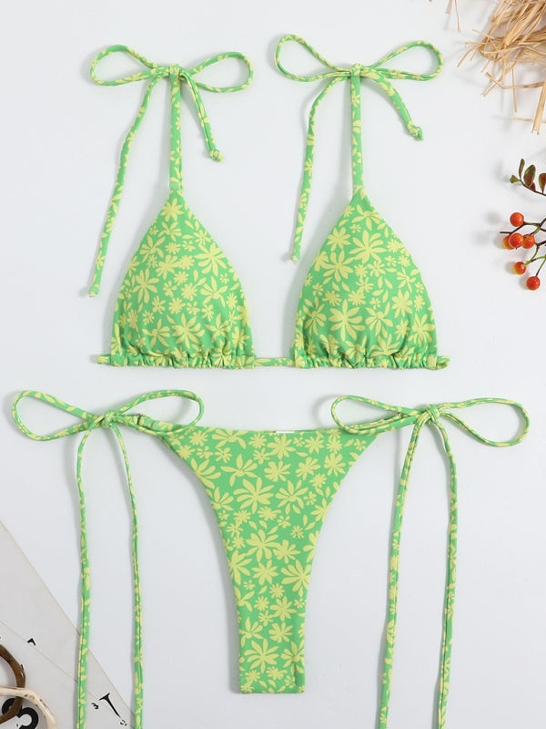 Swimsuits- Floral 2-Piece Bikini Set with Wireless Triangle Bra & Brazilian Thong- - Pekosa Women Clothing