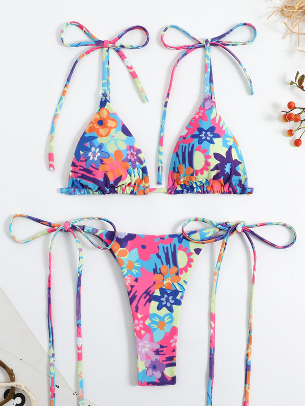 Swimsuits- Floral 2-Piece Bikini Set with Wireless Triangle Bra & Brazilian Thong- - Pekosa Women Clothing