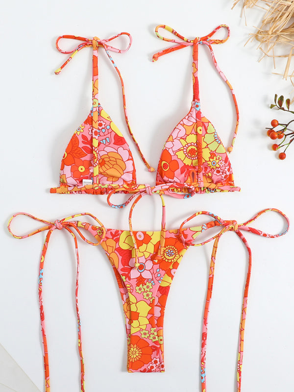 Swimsuits- Floral 2-Piece Bikini Set with Wireless Triangle Bra & Brazilian Thong- - Pekosa Women Clothing