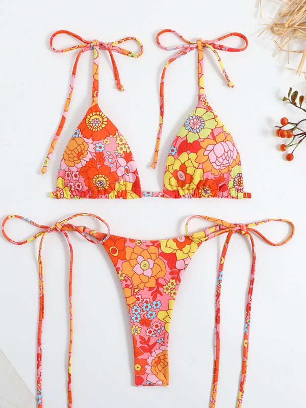 Swimsuits- Floral 2-Piece Bikini Set with Wireless Triangle Bra & Brazilian Thong- - Pekosa Women Clothing