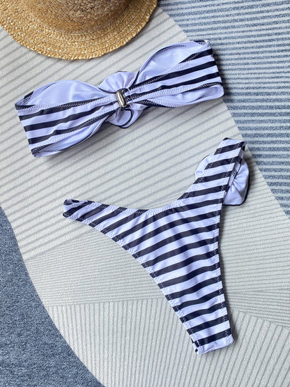 Swimsuits- Flowers Appliqué 2-Piece Stripe Bikini Set with Wireless Bandeau Bra and Bikini Thong- - Pekosa Women Clothing