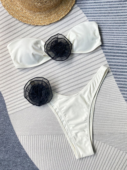 Swimsuits- Flowers Appliqué 2-Piece Stripe Bikini Set with Wireless Bandeau Bra and Bikini Thong- - Pekosa Women Clothing