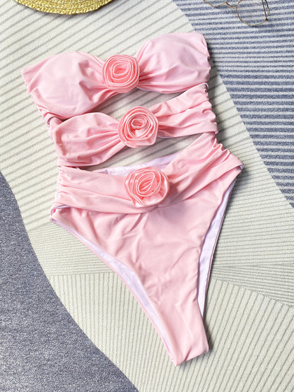 Swimsuits- Flowers Appliqué Design on this Romantic Tube One-Piece Swimsuit- Pink- Pekosa Women Clothing