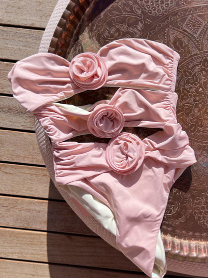 Swimsuits- Flowers Appliqué Design on this Romantic Tube One-Piece Swimsuit- - Pekosa Women Clothing