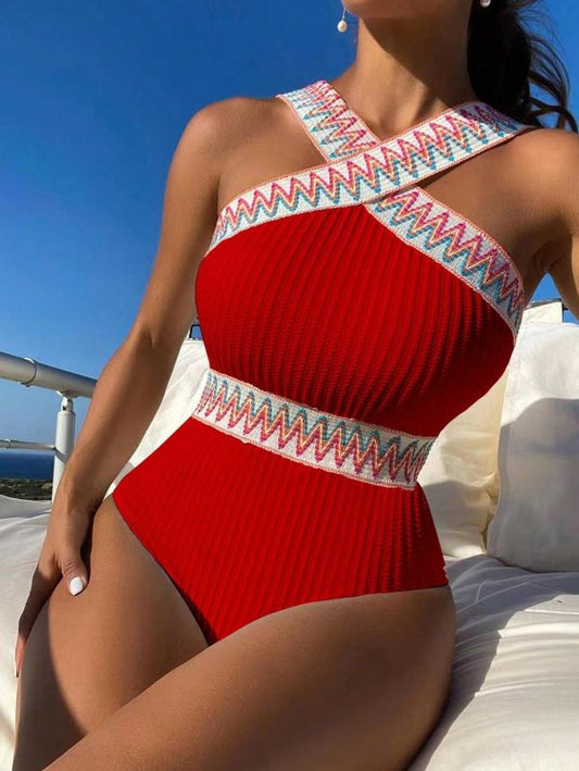 Swimsuits- Sporty Ribbed Criss-Cross One-Piece Swimsuit with Chevron Binding- Red- Pekosa Women Clothing