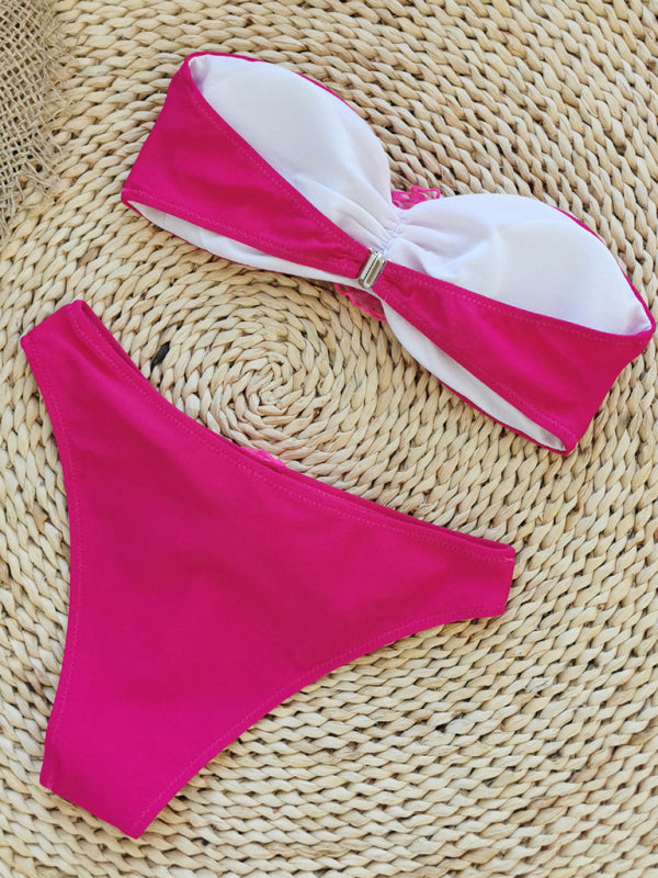 Swimsuits- Wireless Bandeau Bra and Bikini Bottom in a 2-Piece Stripe Bikini Set with Flowers Appliqué- - Pekosa Women Clothing